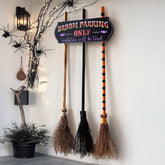 Broom Parking Sign with 3 Wooden Witches’ Brooms – Halloween Porch Decor